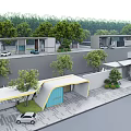 Modern Entrance Gate Design With Building Facade Green Trees Car And Road