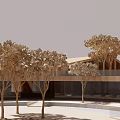 Modern Commercial Street with Wooden Buildings Blue Sky and Trees Scenic Urban Landscape