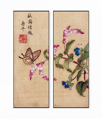 New Chinese Plant Painting Zen Elegant Flower Butterfly Double Hanging Painting 3d model