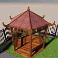 Traditional Wooden Pavilion With Red Tile Roof Surrounded By Green Lawn And Black Fence
