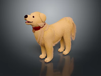 Cute Yellow Stuffed Toy Dog With Red Collar Standing On Dark Background 3d model