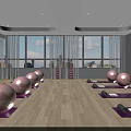 Spacious Fitness Room With Pink Exercise Balls Yoga Mats Dumbbells Large Windows And Wooden Floor