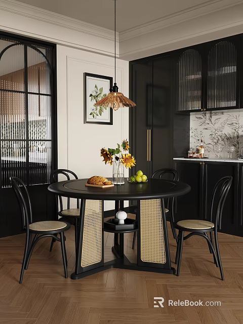 Modern Black Round Dining Table And Chairs With Beige Seat Cushions Sunflowers Bread Green Apples 3d model 