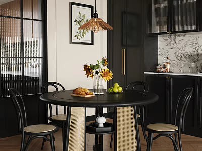 Modern Black Round Dining Table And Chairs With Beige Seat Cushions Sunflowers Bread Green Apples 3d model