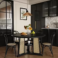 Modern Black Round Dining Table And Chairs With Beige Seat Cushions Sunflowers Bread Green Apples