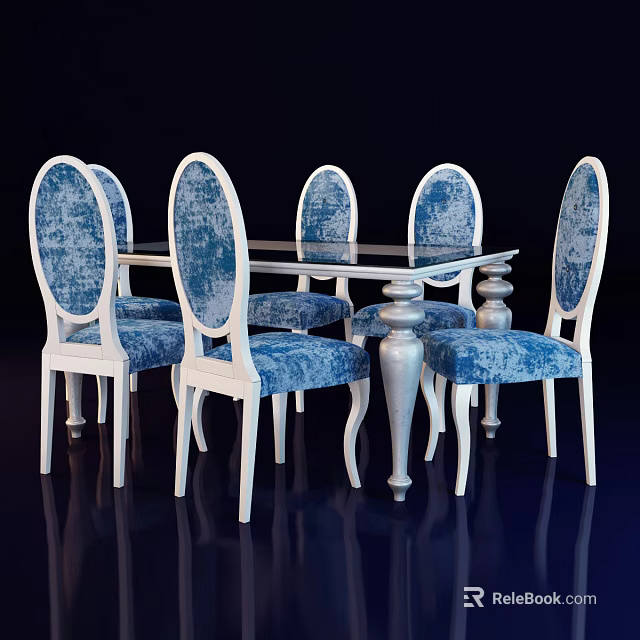 Elegant Dining Table Set With White Frame Chairs Blue Patterned Upholstery And Silver Base 3d model