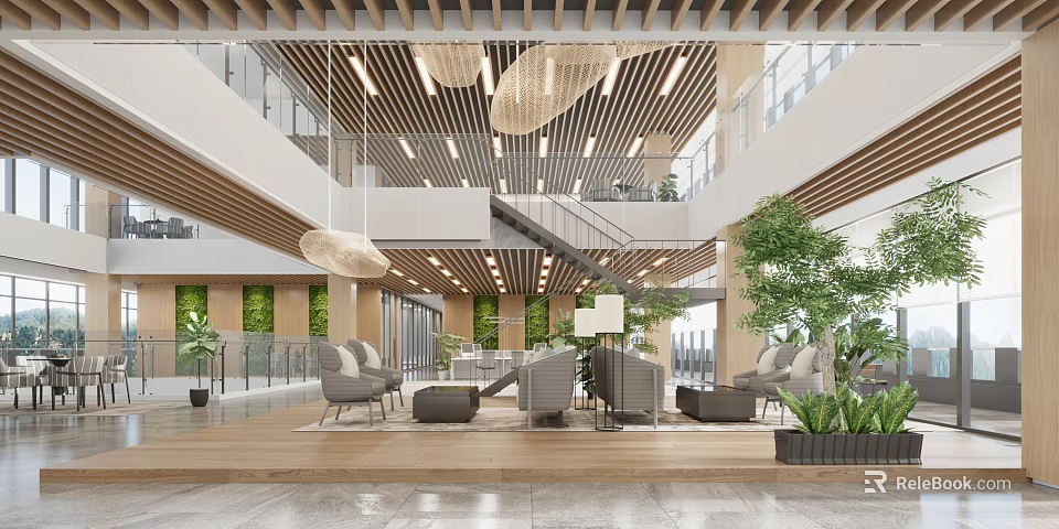 Modern Shopping Mall Lobby With Spacious Layout Living Plant Walls And Pendant Lights 3d model 