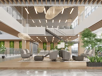 Modern Shopping Mall Lobby With Spacious Layout Living Plant Walls And Pendant Lights 3d model