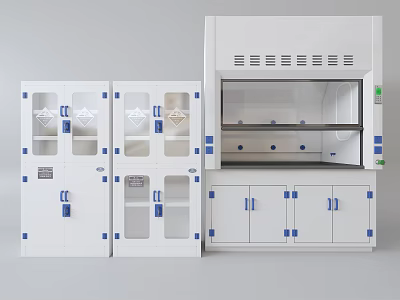 White Laboratory Storage Cabinets With Glass Doors And Fume Hood Unit 3d model