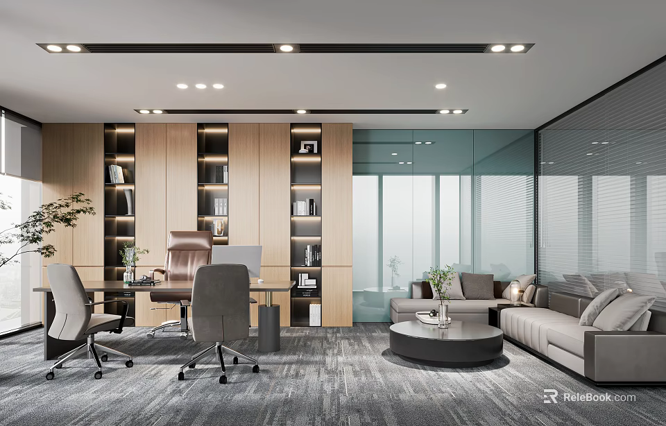 Modern Office Interior with Wooden Bookshelves Glass Partitions Leather Chair Sofa Area and Potted Plants 3d model 