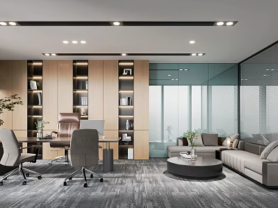 Modern Office Interior with Wooden Bookshelves Glass Partitions Leather Chair Sofa Area and Potted Plants 3d model