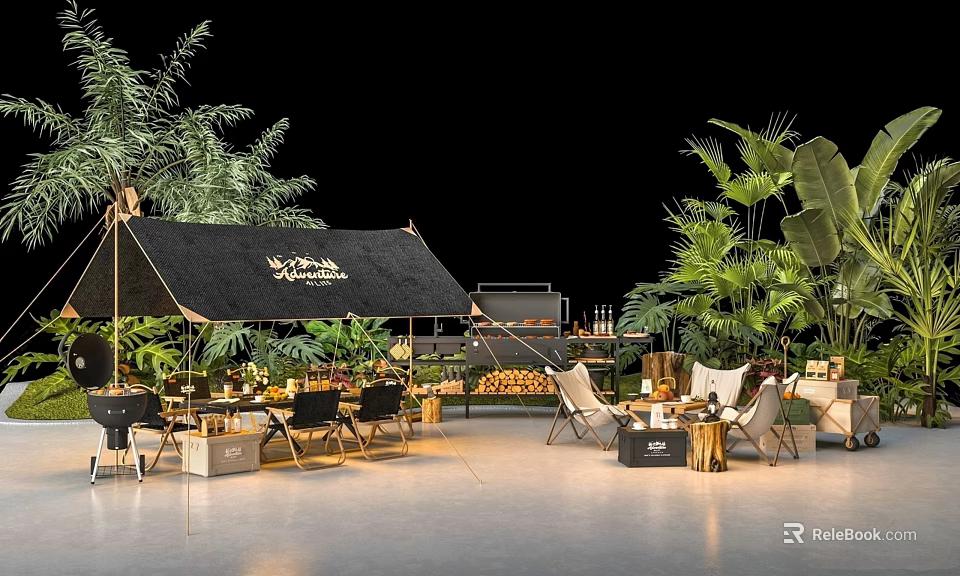 Luxury Camping Site With Black Tent Lush Green Plants Outdoor Chairs And Fire Pit Area 3d model 