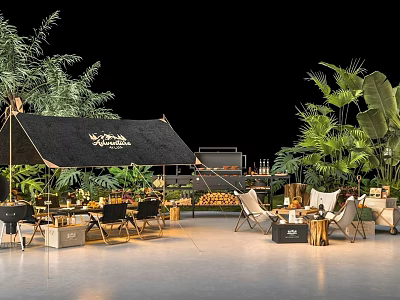 Luxury Camping Site With Black Tent Lush Green Plants Outdoor Chairs And Fire Pit Area 3d model