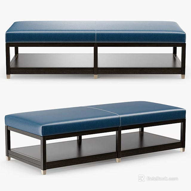 Stylish Blue Leather Sofa Bench With Black Frame And Lower Storage Shelf 3d model
