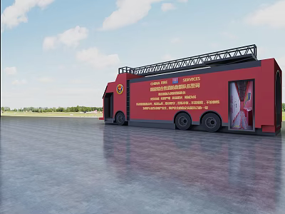Red Utility Vehicle With Roof Ladder Side Signage On Concrete Surface Under Blue Sky 3d model