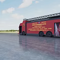 Red Utility Vehicle With Roof Ladder Side Signage On Concrete Surface Under Blue Sky