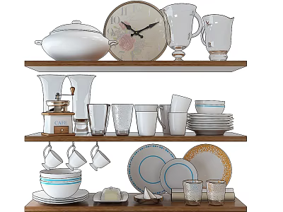 Stylish Kitchenware Display on Wooden Shelves with Plates Cups Jugs Coffee Grinder and Casserole Dish 3d model