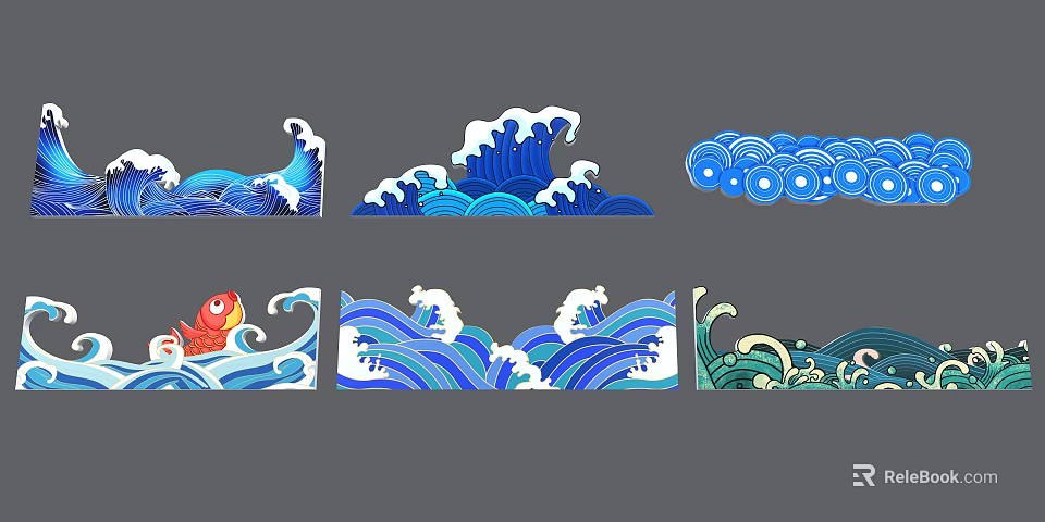 Various Stylized Ocean Wave Patterns With Red Fish And Blue Elements 3d model