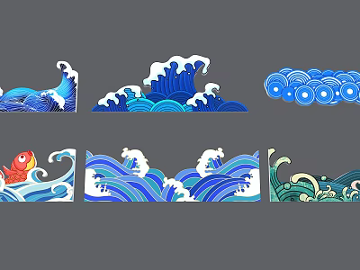 Various Stylized Ocean Wave Patterns With Red Fish And Blue Elements 3d model