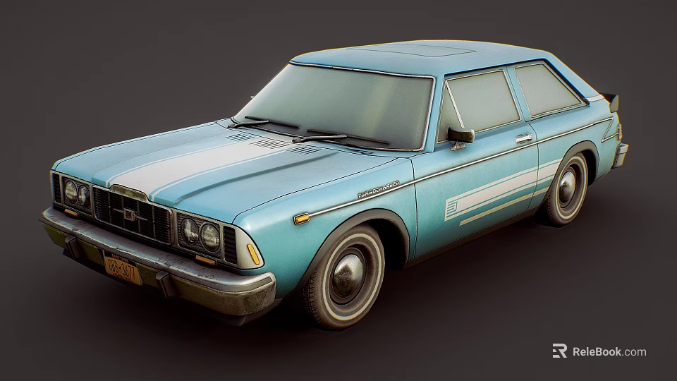 Blue Vintage Two Door Sedan With White Stripe And Classic Front Grille Design 3d model 