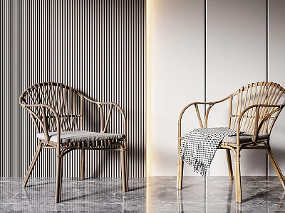 Wicker Leisure Chairs With Cushion And Throw Blanket By Striped Wall And Marble Floor 3d model