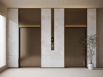 Elevator with Bronze Double Doors and Light Stone Walls Window with Blinds Near White Planter 3d model