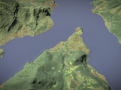 Scenic 3D Terrain Model Featuring Green Mountains Water Area Rolling Landforms and Lush Vegetation 3d model
