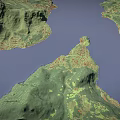 Scenic 3D Terrain Model Featuring Green Mountains Water Area Rolling Landforms and Lush Vegetation