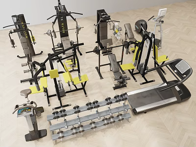 Modern Home Gym Sports Equipment With Treadmill Weight Bench Dumbbells And Racks 3d model