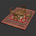 Wooden Dining Table Set with Four Chairs Placed on Red Patterned Rug 3d model