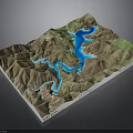 3D Terrain Model with Mountain Ranges Blue Lake and Winding Rivers