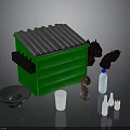 Green Storage Shed Structure With Gray Roof And Animal Figures Alongside Bottles Cups And Plate