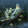 Aerial View Urban Planning with Modern Circular Buildings Tall Tower Green Spaces Waterfront and Roads