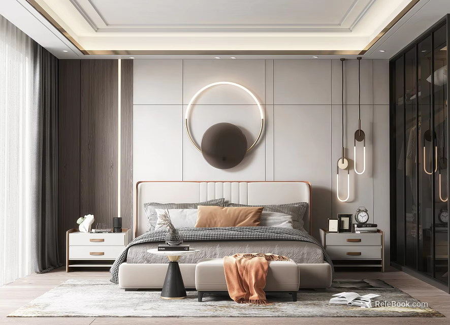 Modern Bedroom Interior Design With Bed Nightstands Circular Wall Decor And Pendant Lights 3d model 