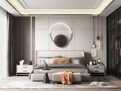 Modern Bedroom Interior Design With Bed Nightstands Circular Wall Decor And Pendant Lights 3d model