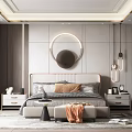 Modern Bedroom Interior Design With Bed Nightstands Circular Wall Decor And Pendant Lights