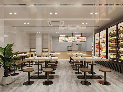 Bright Modern Shop Front Desk With Wooden Tables Round Stools Display Cases And Green Plant 3d model