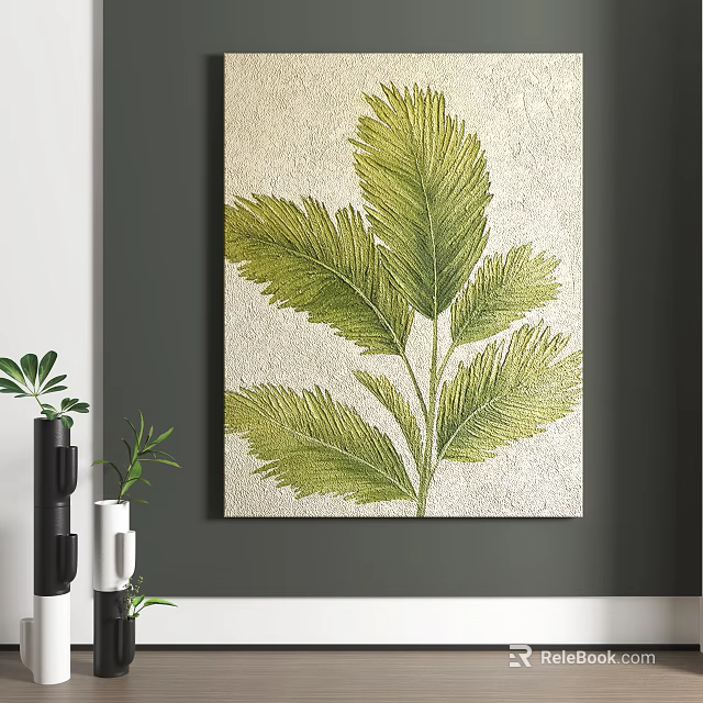 Modern Abstract Painting With Green Leaves Design On Beige Background Wall Decor 3d model 