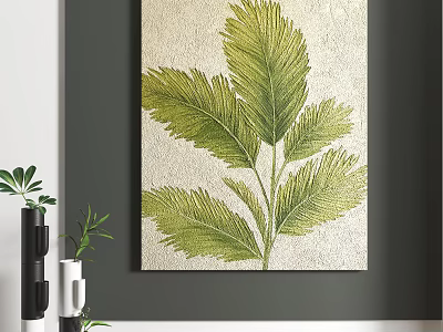 Modern Abstract Painting With Green Leaves Design On Beige Background Wall Decor 3d model
