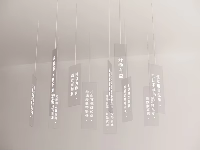 Hanging Rectangular Pendants With Chinese Characters On White Ceiling Background 3d model