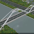 Modern Arch Bridge Spanning River With Busy Road And Greenery Surroundings