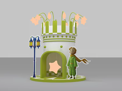 Cute Photo Check In Spot With Green White Tower Orange Star Decorations And Cartoon Character 3d model