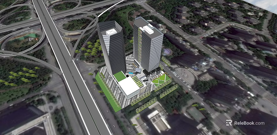 Twin Modern Office Towers With Green Landscaped Areas And Highway Interchange 3d model 