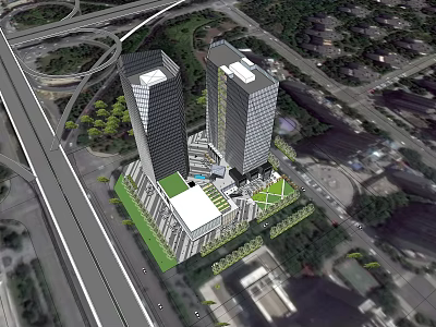 Twin Modern Office Towers With Green Landscaped Areas And Highway Interchange 3d model