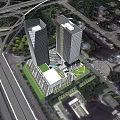 Twin Modern Office Towers With Green Landscaped Areas And Highway Interchange