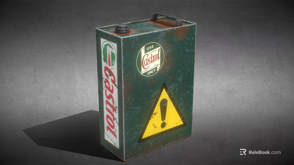 Castrol Green Oil Drum With Rusty Surface And Yellow Warning Sign 3d model 