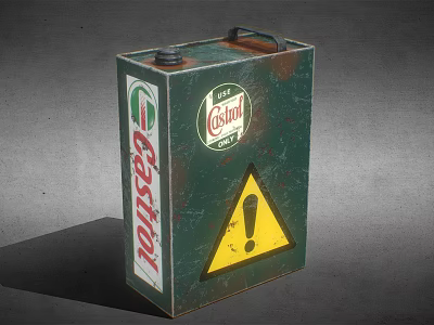 Castrol Green Oil Drum With Rusty Surface And Yellow Warning Sign 3d model