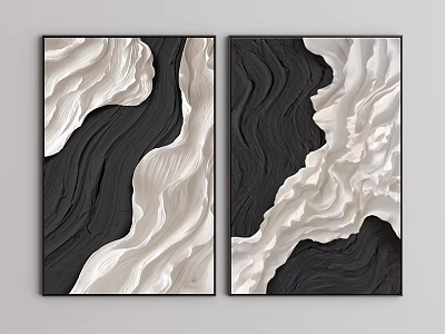 Two Piece Black And White Abstract Painting With Wavy 3D Relief Texture Framed Wall Art 3d model