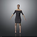 Woman Wearing Dark Off Shoulder Fitted Dress Standing Against Gray Background With High Heels