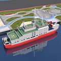 Red And White Yacht Moored In Scenic Harbor Area With Green Lawns And Winding Roads